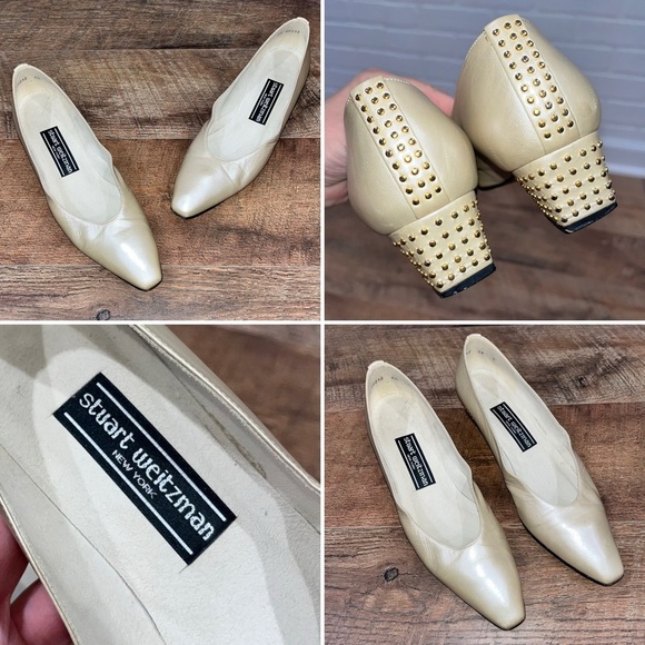 Vintage 80’s Pearlized Stuart Weitzman 1.5” Gold Studded Heels in Ivory - Picture 5 of 16